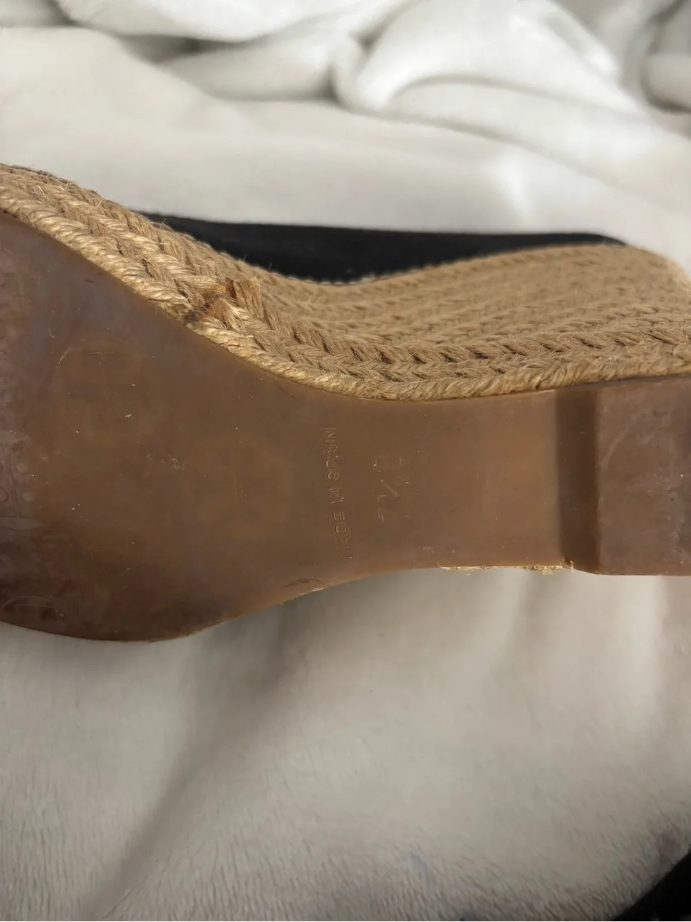 Tory Burch Black Canvas Peep-Toe Espadrille Wedges with Gold Logo Charm